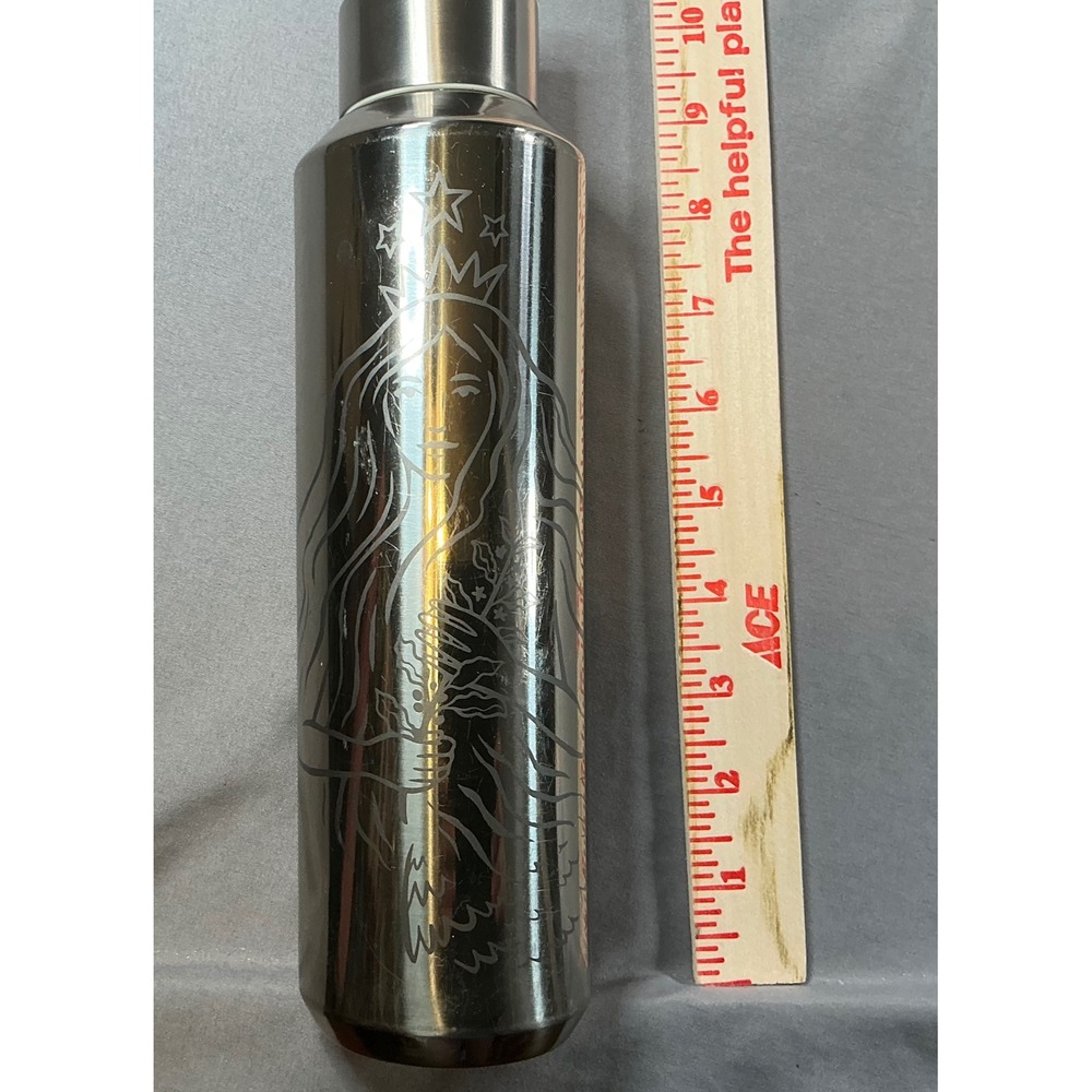 Starbucks Stainless Steel Water Bottle Gunmetal Chrome Siren Mermaid 10 Inch